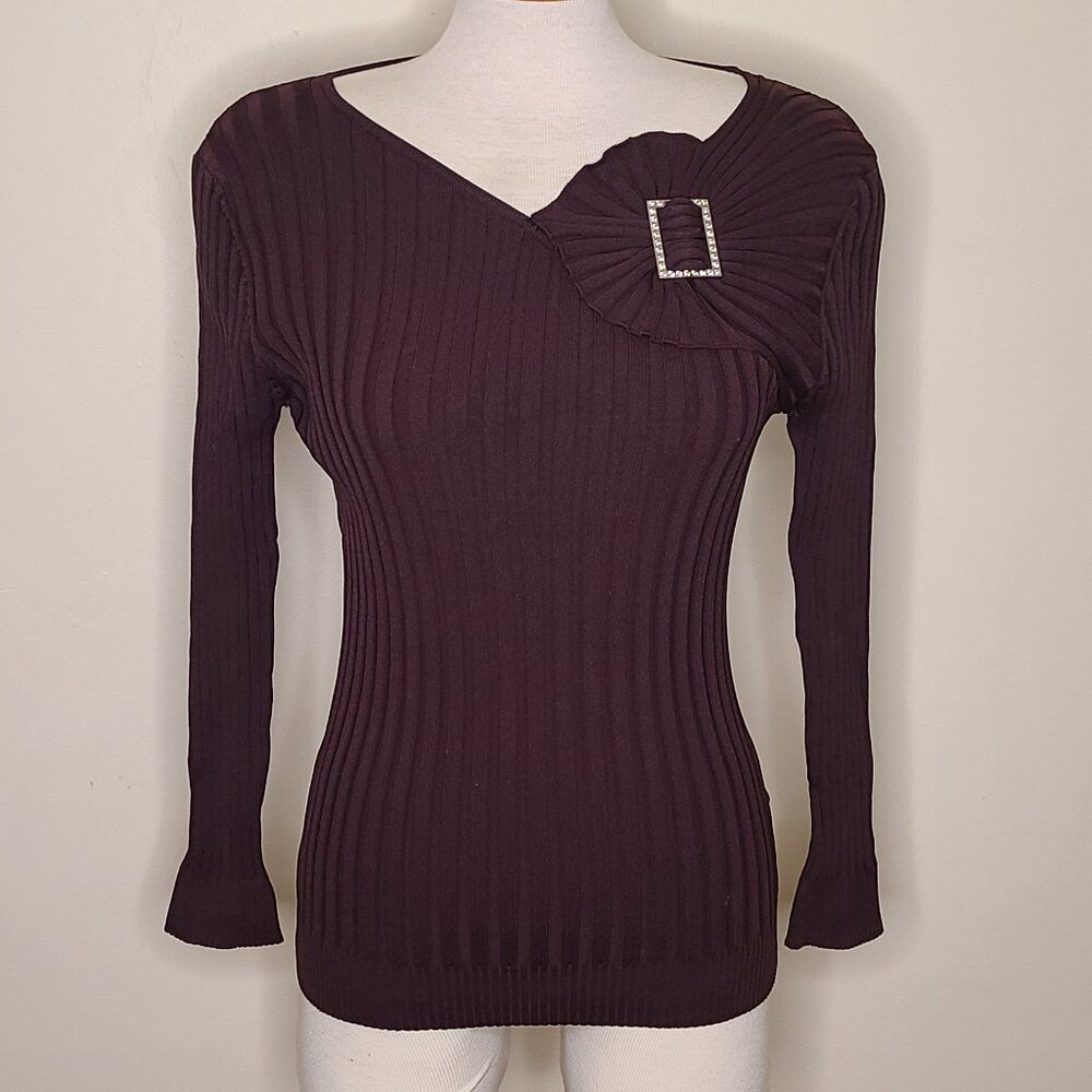 Belldini Brown Knit Sweater V Neck w/ Rhinestone Buckle -L